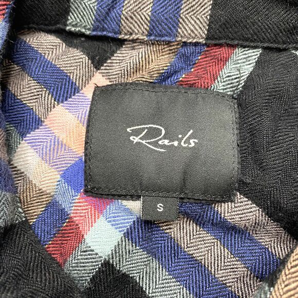 RAILS Metallic Plaid Rayon Button Up Shirt Small Black Pink Blue Long Sleeve - Picture 6 of 11